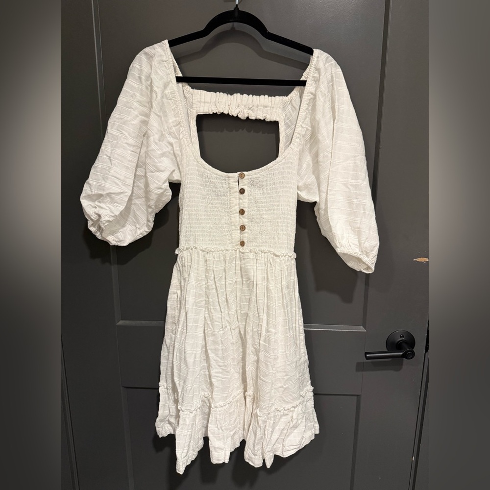 Free People White Puff Sleeve Smocked Mini Dress